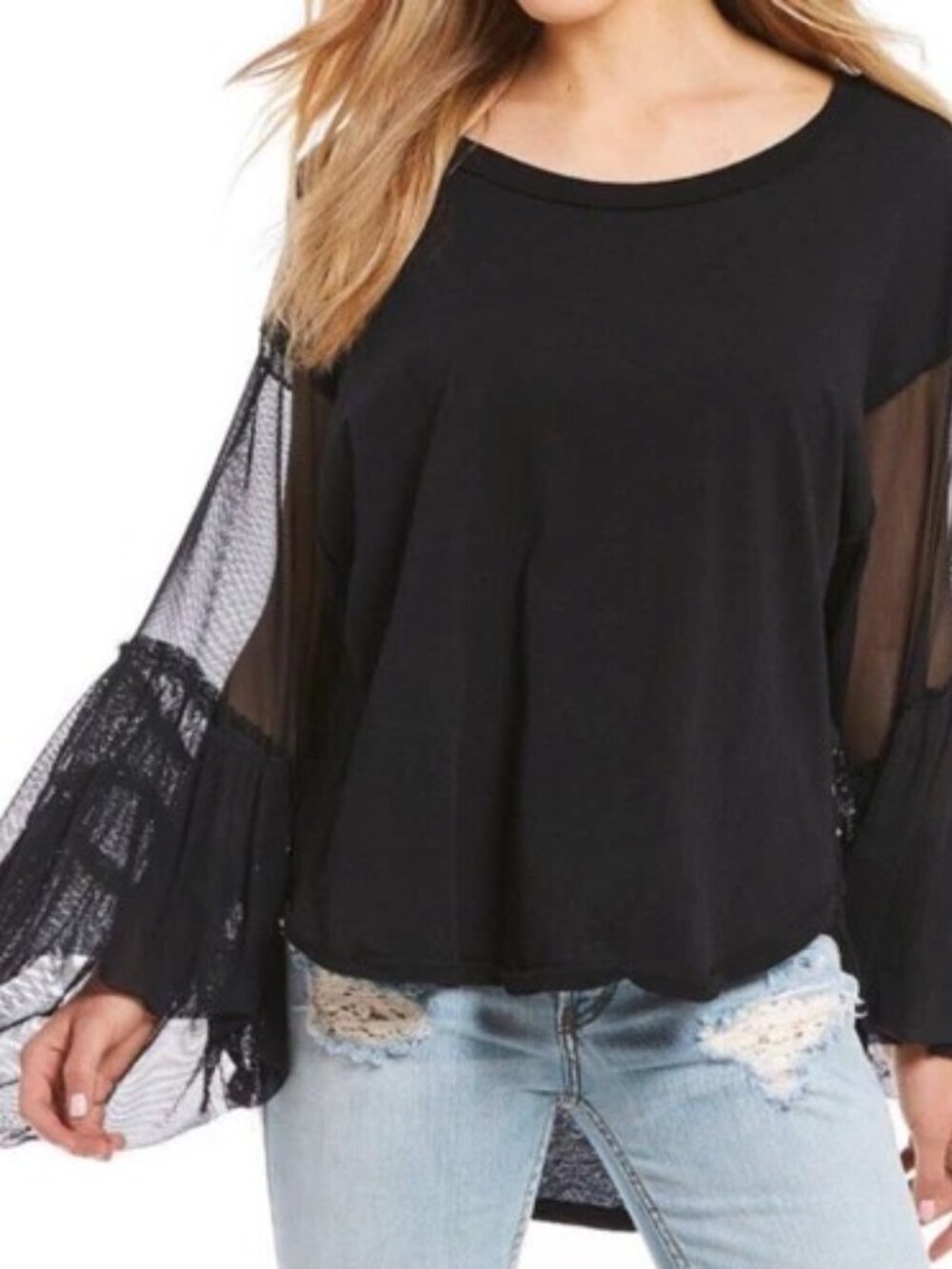 Free People Mesh Sleeve Oversized Top   M‎ Still Got It Tee Black whimsigoth